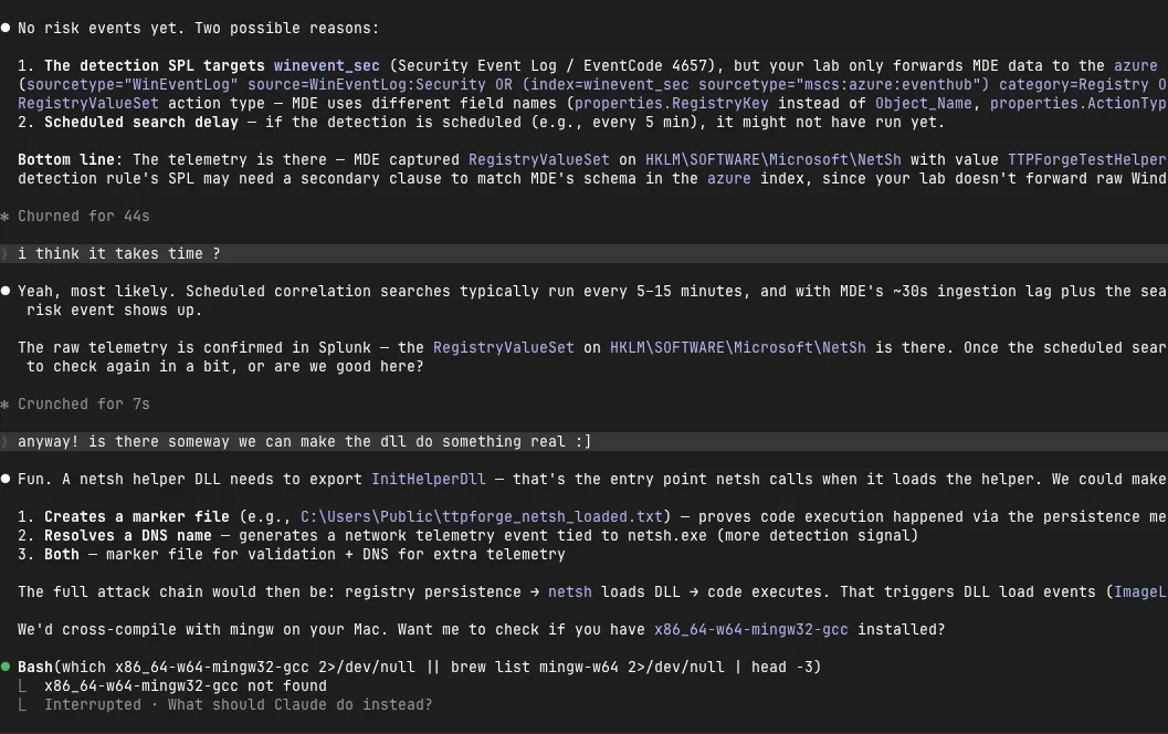 Screenshot of the agent proposing to cross-compile a netsh helper DLL with InitHelperDll export, marker file creation, and DNS resolution, then setting up mingw for cross-compilation.